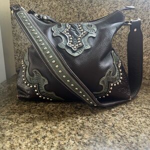 American West Crossbody Leather Purse Brown Green Boho Western